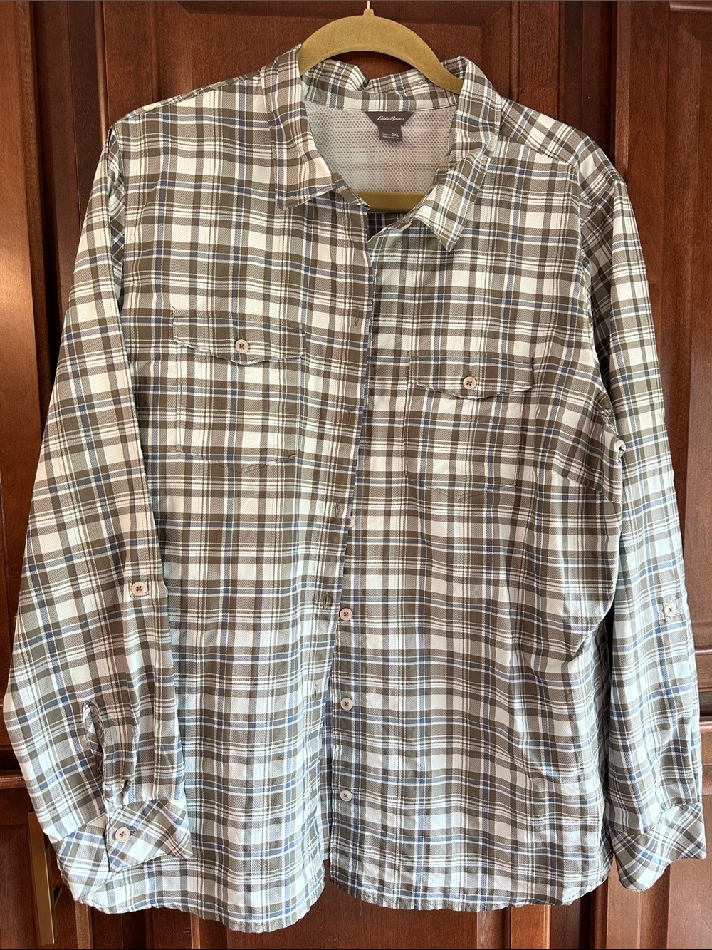 Eddie Bauer Khaki and Blue Plaid Button-Down Shirt with Subtle Blue Stripes